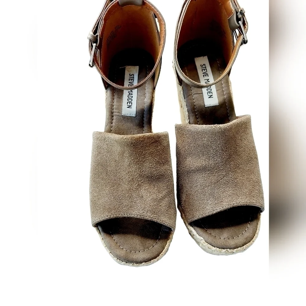 Steve Madden Jaylen Espadrille Suede Leather Wedge Heels Sandals Taupe Size 9